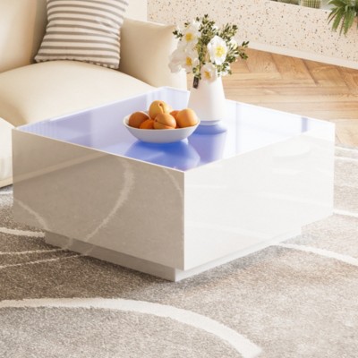 Modern Center Coffee Table with Tempered Glass Top, High-Gloss Center Table with LED Lights for Living Rooms and Small Spaces-The Pop Home