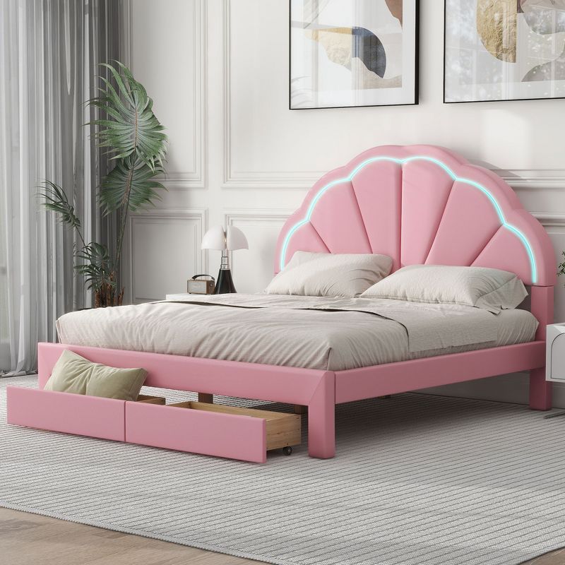 Full/Queen Size Upholstered Platform Bed with Seashell Shaped Headboard, LED and 2 Drawers - ModernLuxe, 1 of 10