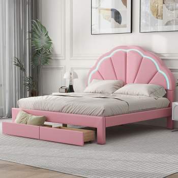 Full/Queen Size Upholstered Platform Bed with Seashell Shaped Headboard, LED and 2 Drawers - ModernLuxe