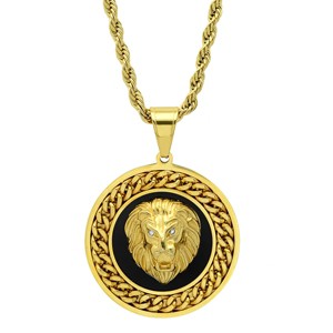 Steeltime 30"  Men's stainless steel/black enamel round lion head and simulated diamonds pendant. Color Options: Silver, Gold - 1 of 4