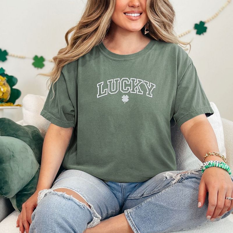 Simply Sage Market Women's Embroidered Lucky Varsity Clover St. Patrick's Day Short Sleeve Garment Dyed Tee, 3 of 5