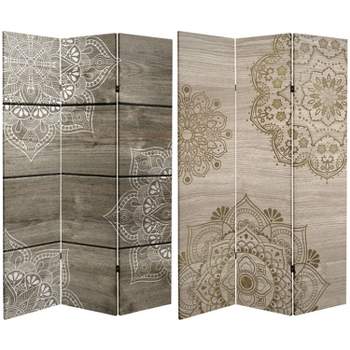 6" Double Sided Mandala Oak Canvas Room Divider - Lightweight, Adjustable, High-Resolution Print, No Assembly Required - Oriental Furniture