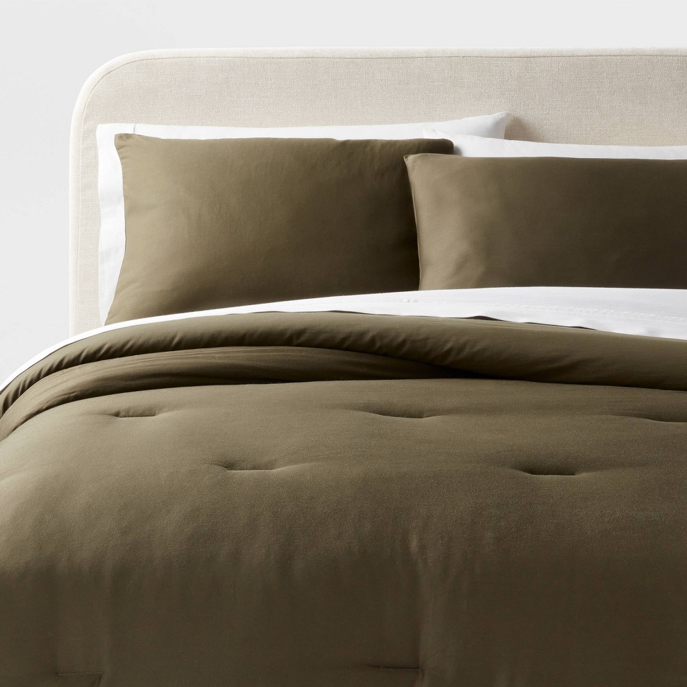 Photos - Bed Linen King Washed Cotton Sateen Comforter and Sham Set Dark Olive Green - Thresh