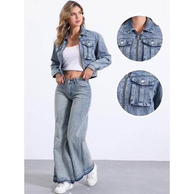INSPIRE CHIC Women's Zip Up Long Sleeves Pockets Crop Denim Jacket Medium Washed Blue — фото 2
