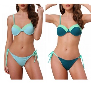 INSPIRE CHIC Women's Contrast Color Ribbed Triangle Bottom Swimwear Bathing Bikini Suits 2 Sets - 1 of 4