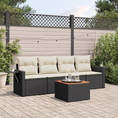 5 Piece Patio Sofa Set with Cushions Black Poly Rattan vidaXL