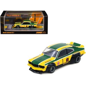 Mazda RX-3 Savanna RHD #1 "Katayama Racing Livery" Green and Yellow Striped 1/64 Diecast Model Car by Inno Models - 1 of 4