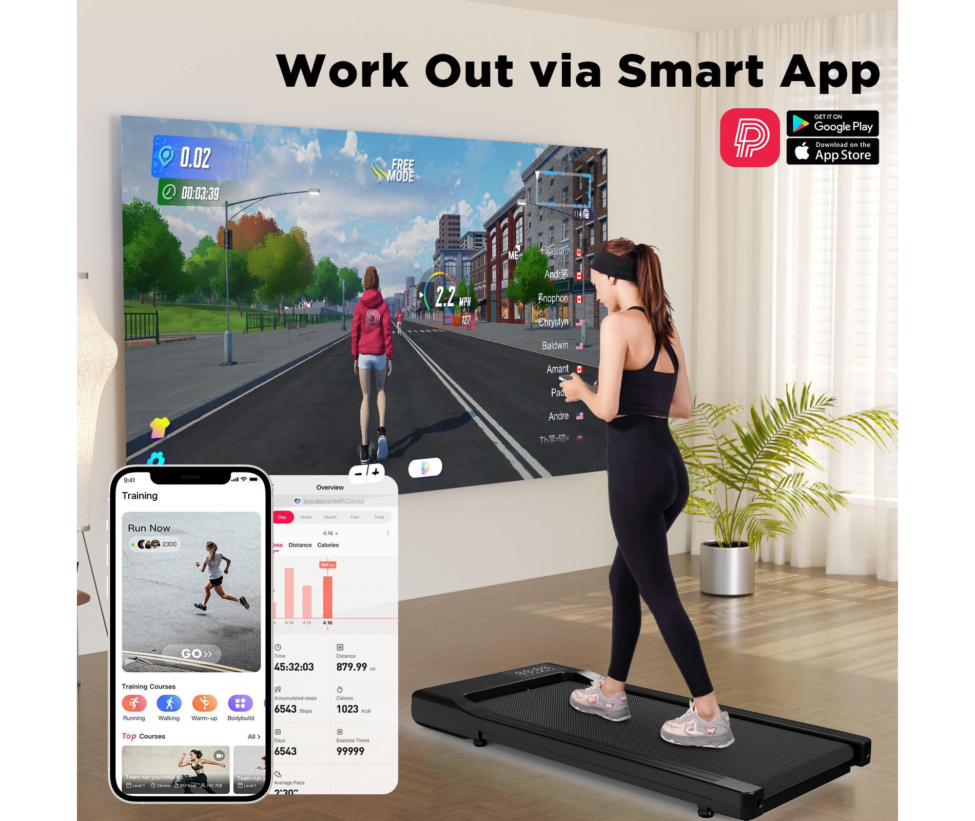 Deerrun Smart Walking Pad With APP 15.35*35.43 inches Belt Treadmills for Home Small Portable Under Desk Treadmill