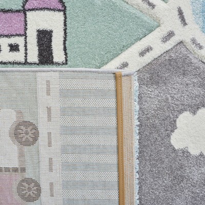 Enchanted Square Grey & Light Blue Kids' Play Rug - Easy Care Synthetic