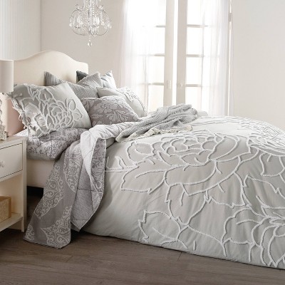 Gray Cotton King Duvet Set with Textured Rose Accents