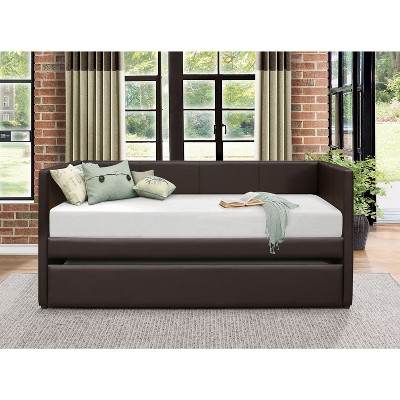 NicBex Twin Size Faux Leather Upholstered Daybed with Trundle,Sofa Bed Frame for Bedroom,Living Room,Apartment