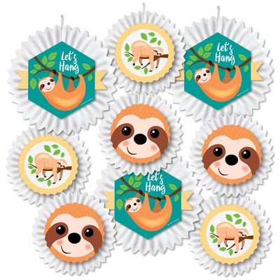 Big Dot of Happiness Let's Hang - Sloth - Hanging Baby Shower or Birthday Party Tissue Decoration Kit - Paper Fans - Set of 9