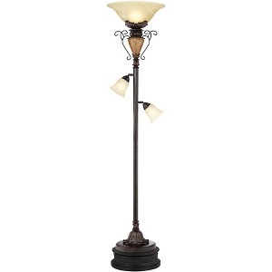Regency Hill Ludo Rustic Vintage Torchiere Floor Lamp with Black Riser Side Lights 72" Tall Bronze Crackle Adjustable Alabaster Glass for Living Room - 1 of 4