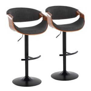 LumiSource Set of 2 Curvo Adjustable Barstools Walnut Wood/Charcoal Fabric/Black Metal - 1 of 4