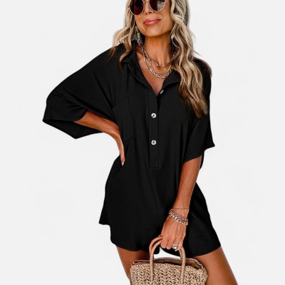 Amaryllis Women's Relaxed Fit Collared Button-Front Romper Breezy Short Sleeve One-Piece Outfit with Pockets Casual Chic