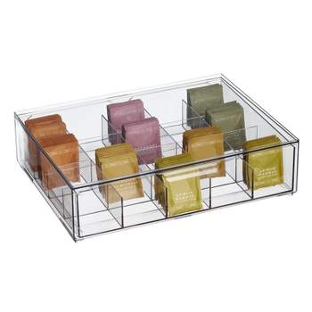 mDesign Divided Plastic 20-Section Stackable Tea Bin w/ Drawer - Clear