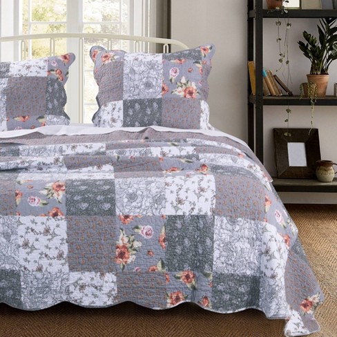 3 pc PATCHWORK QUILT & SHAM Set Multi-Color Flower Stripes Patches FULL *NEW* 