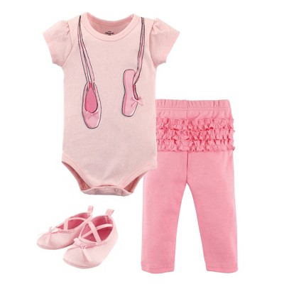 Little Treasure Baby Girl Cotton Bodysuit, Pant and Shoe 3pc Set, Ballerina