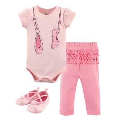 Little Treasure Baby Girls Cotton Bodysuit, Pant and Shoe 3pc Set, Ballerina