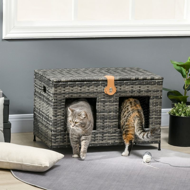 PawHut Rattan Cat Bed with Removable Divider, Double-Room Wicker Cat Beds for Indoor Cats, Pet Furniture for 2 Cats, Cushions, Outdoor Indoor, Gray, 3 of 7