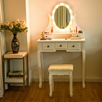 Costway 5 Drawers Bedroom Vanity Makeup Dressing Table Stool Set Lighted Mirror W/12 LED Bulbs