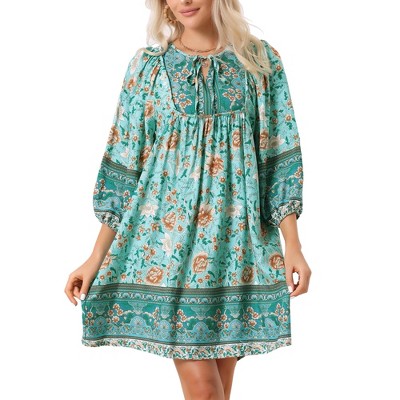 Allegra K Women's Boho Floral Print Summer Casual 3/4 Sleeve Loose Fit Beach Dress