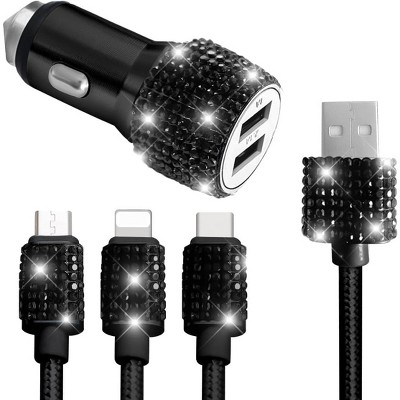 TruAIR Bling Dual USB Car Charger with 3-in-1 Fast Charging Cable and Adapter