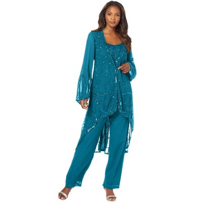 Roaman's Women's Plus Size Three-piece Beaded Pant Suit - 14 W, Green :  Target