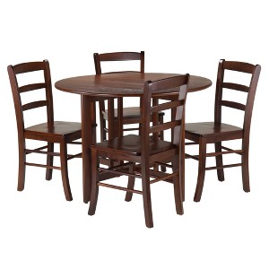 5pc Alamo Drop Leaf Dining Set with Ladder Back Chairs Wood/Walnut- Winsome: Round Table, 4-Point Leg Base - 1 of 4