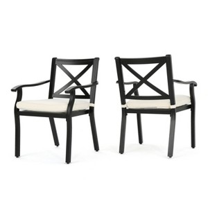 GDFStudio Stonewall Outdoor Cast Aluminum Dining Chairs with Cushions (Set of 2), Black/Ivory - 1 of 4