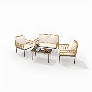 4 Pieces Outdoor Patio Furniture Set with Table - Rattan Balcony Furniture for Porch or Deck, Includes Chaise Lounge, 2 Armchairs with Cushions - 1 of 4