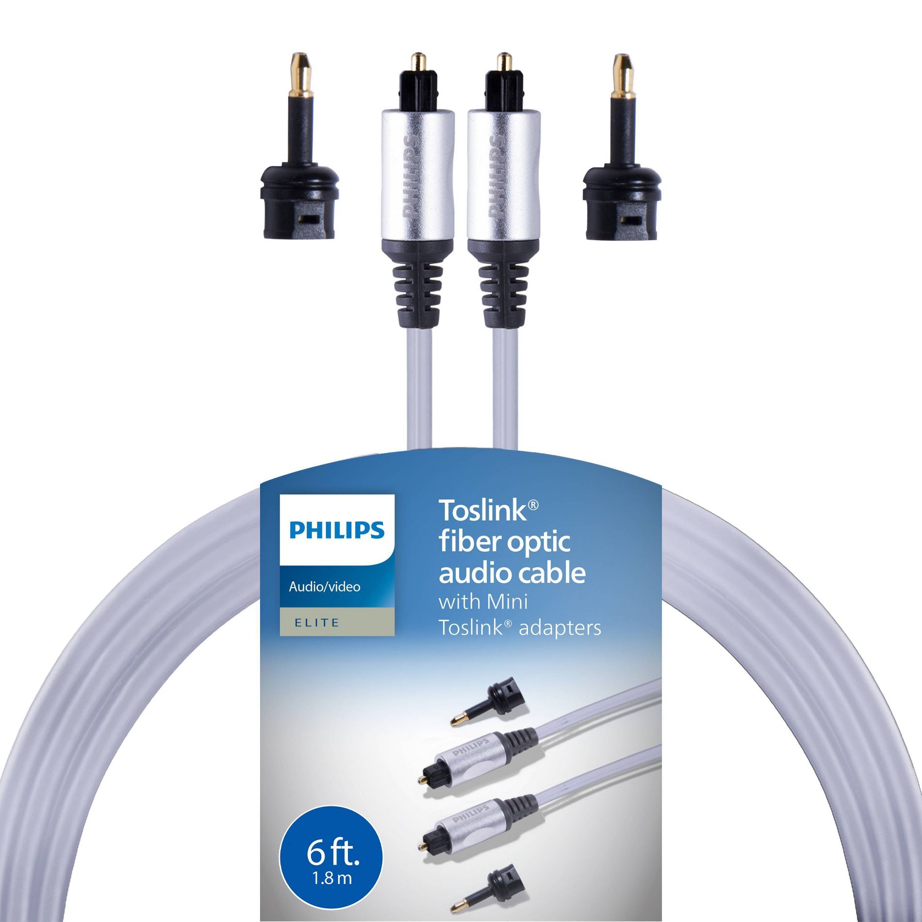 Philips 6' Elite Toslink Digital Fiber Optic Cable with 2 Mini Adapters - Gray: Male-to-Male AV Connection