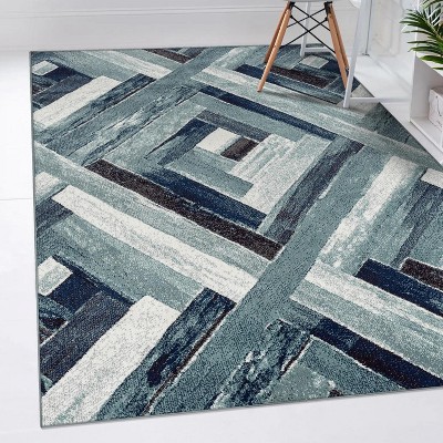 Modern Geometric Blue and Gray Synthetic Area Rug