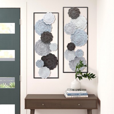 Large Black and Gray Metal Floral Wall Art Panels, Set of 2