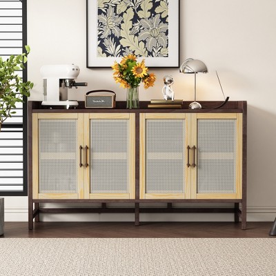 Whisen Rustic Sideboard with Decorative Rattan Doors and Adjustable Shelves