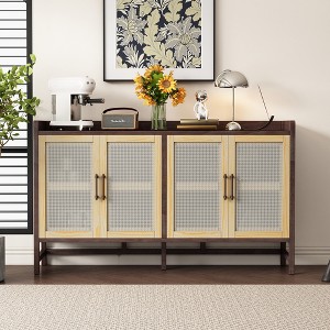 60"W 4-Door Rustic Sideboard Storage Cabinet with Decorative Rattan Doors, Adjustable Shelves and Adjustable Foot Pads-ModernLuxe - 1 of 4
