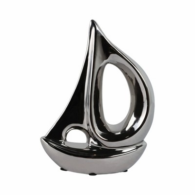 Sailboat Decorative Sculpture - Modern Nautical Accent - Silver Ceramic Ceramic - Coastal Home & Office Decor - 8" Metallic Silver
