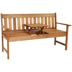 Sunnydaze Outdoor Meranti Wood with Teak Oil Finish 2-Person Bench Seat with Pop-Up Table - 60" - Brown - 1 of 4
