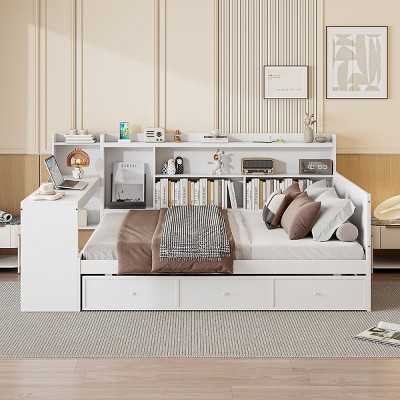 Full Size Platform Daybed, Bed with Desk and USB Ports, Storage Bed with 3 Storage Drawers and Side Shelves, Pine Wood Frame Bed-Baofuwish