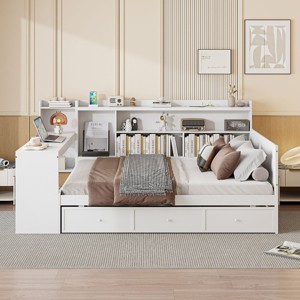Full Size Platform Daybed, Bed with Desk and USB Ports, Storage Bed with 3 Storage Drawers and Side Shelves, Pine Wood Frame Bed-Baofuwish - 1 of 4