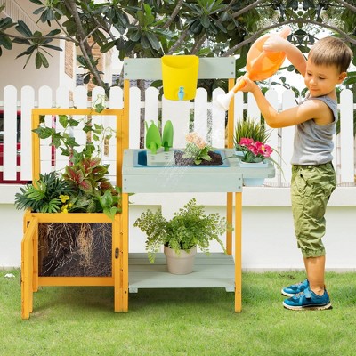 Yellow and Blue Fir Wood Kids Outdoor Potting Bench with Accessories