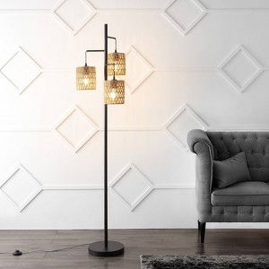 JONATHAN Y Isla 70.75" 3-Light Mid-Century Bohemian Floor Lamp: Rattan Shades, UL Listed, Push Button Switch - 1 of 4