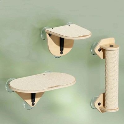Mewoofun Pet Toy Wall Mounted Cat Wall Shelves, Cat Furniture Climbing Frame with Suction Cup, Holds Up to 20lb, 3pcs, Brown, 19.4"*7.08"*5.82"