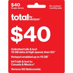 Total By Verizon $40 Unlimited Talk & Text Single Device No Contract Monthly Plan (Email Delivery)