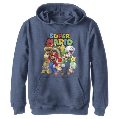 Boy's Nintendo Super Mario Group  Pull Over Hoodie - Navy Blue Heather - Medium