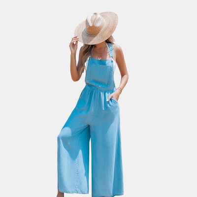 Women's Denim Light Blue Buckle Loop Wide Leg Overalls - Cupshe