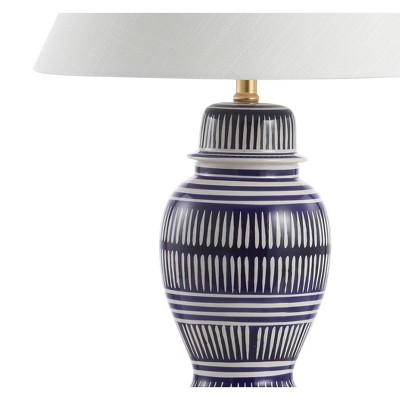 27" Navy and White Ceramic Coastal Table Lamp with Gold Accents