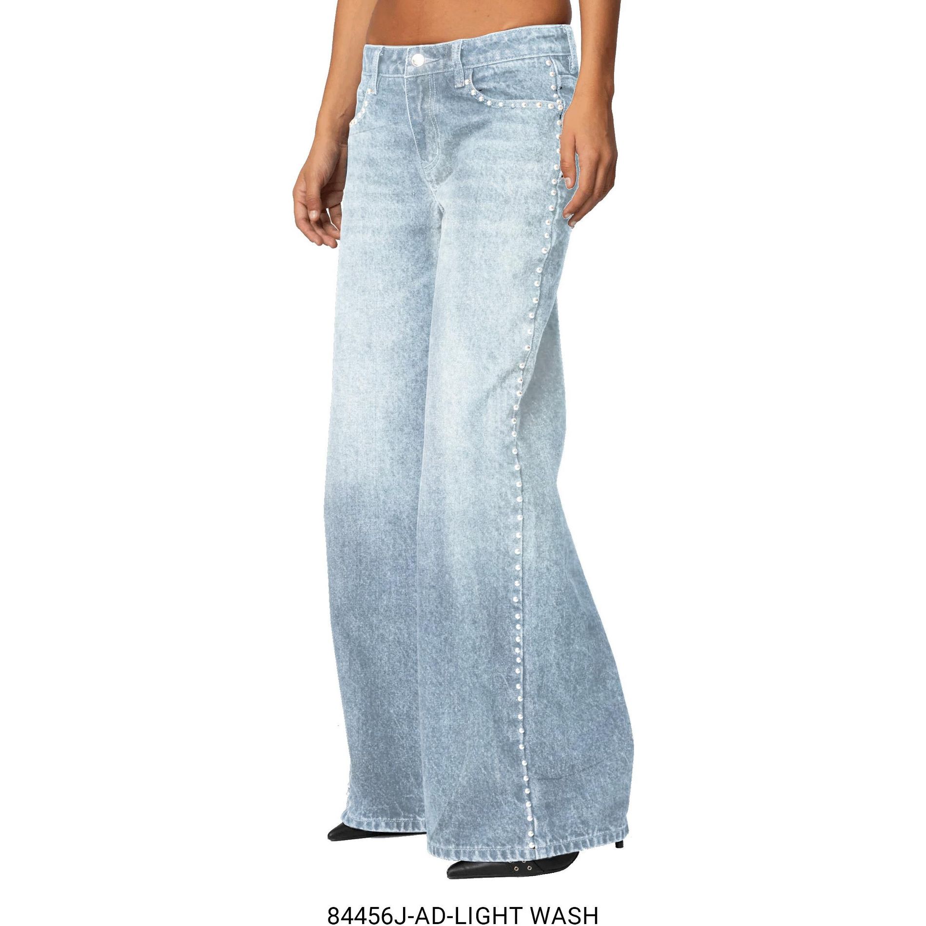 Low Rise Wide Leg Denim Pant with Stud Details, Color- Blue, Size- 14