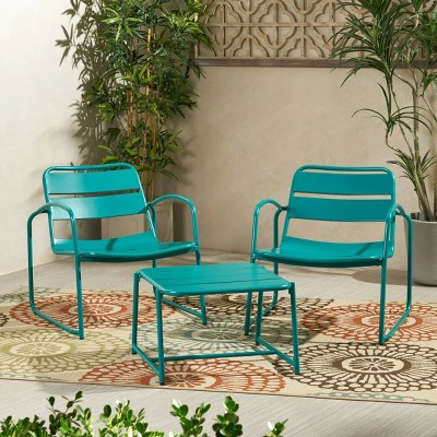 3-Piece Outdoor Patio Chat Set, Modern Slatted Chairs and Metal Side Table with Matte Black Finish, Balcony Conversation Seating -The Pop Home