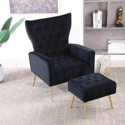 Accent Chair With Ottoman Set Of 2, Velvet Button Armchair With Backrest, Modern Upholstered Sofa Chair With Metal Legs For Living Room